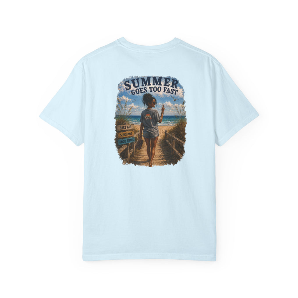 Summer Goes Too Fast T-Shirt | Black Woman Beach Graphic Tee | Beach Comfort Colors Tee