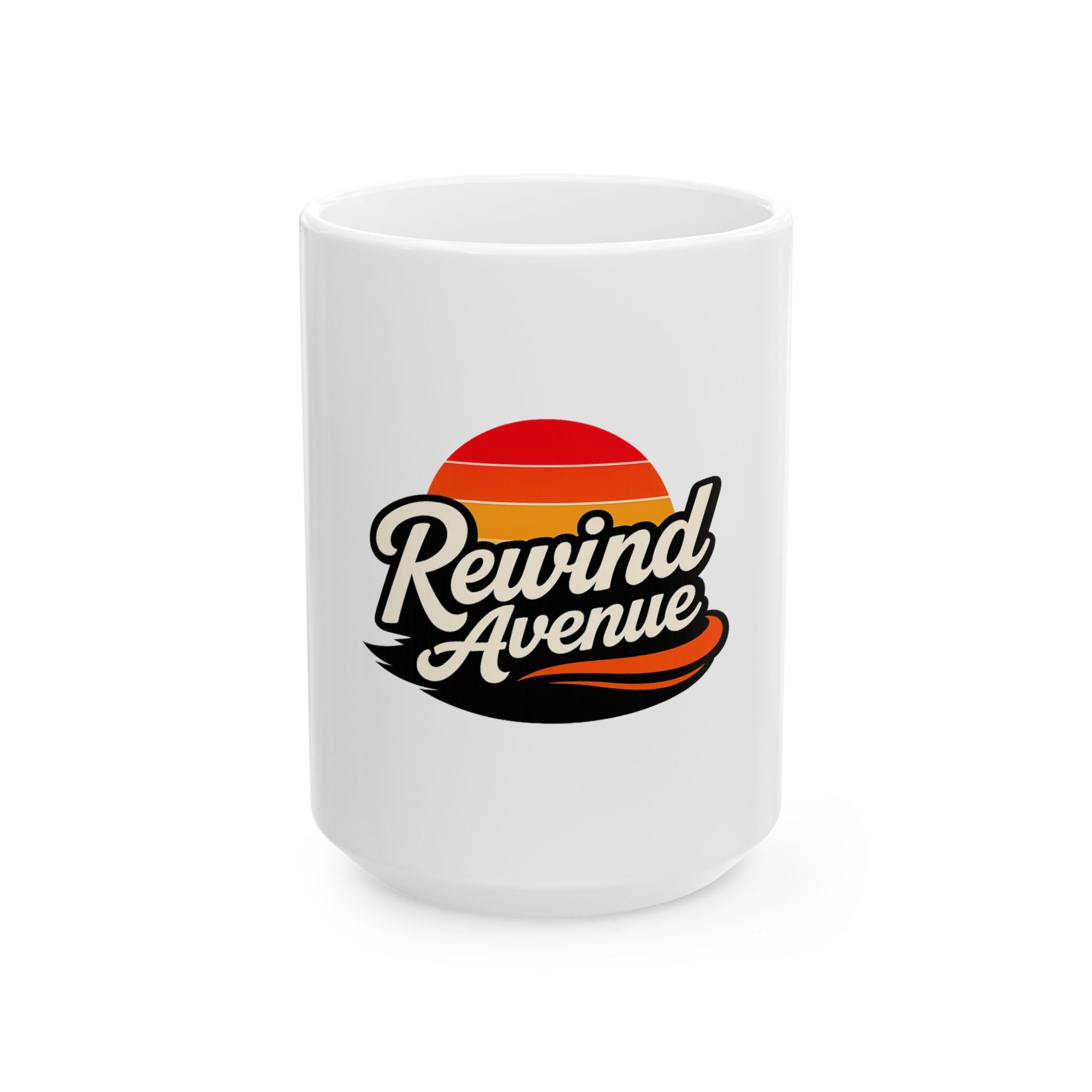 Rewind Avenue Ceramic Mug – Retro Sunset Logo Coffee Cup (11oz, 15oz)