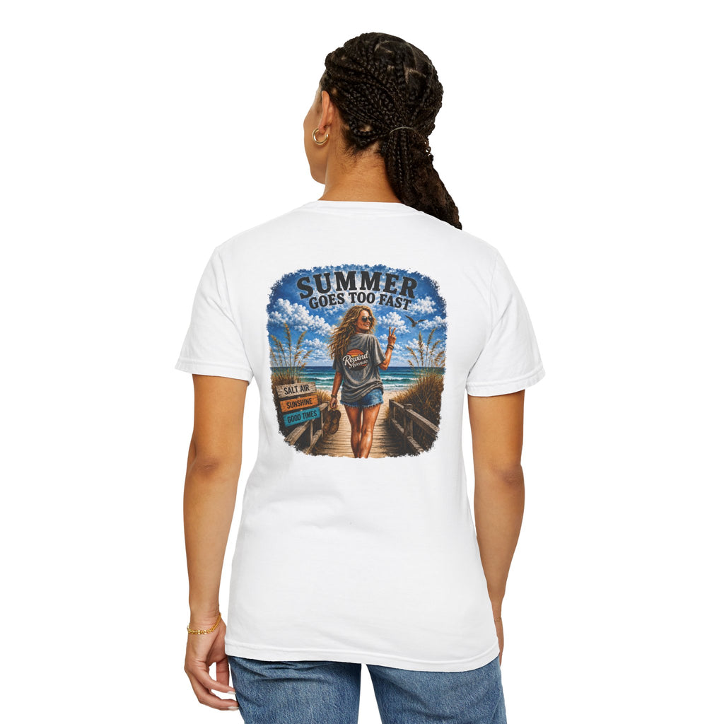 Summer Goes Too Fast T-Shirt | White Woman Beach Graphic Tee | Comfort Colors Summer Tee