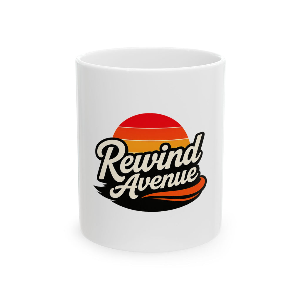 Rewind Avenue Ceramic Mug – Retro Sunset Logo Coffee Cup (11oz, 15oz)