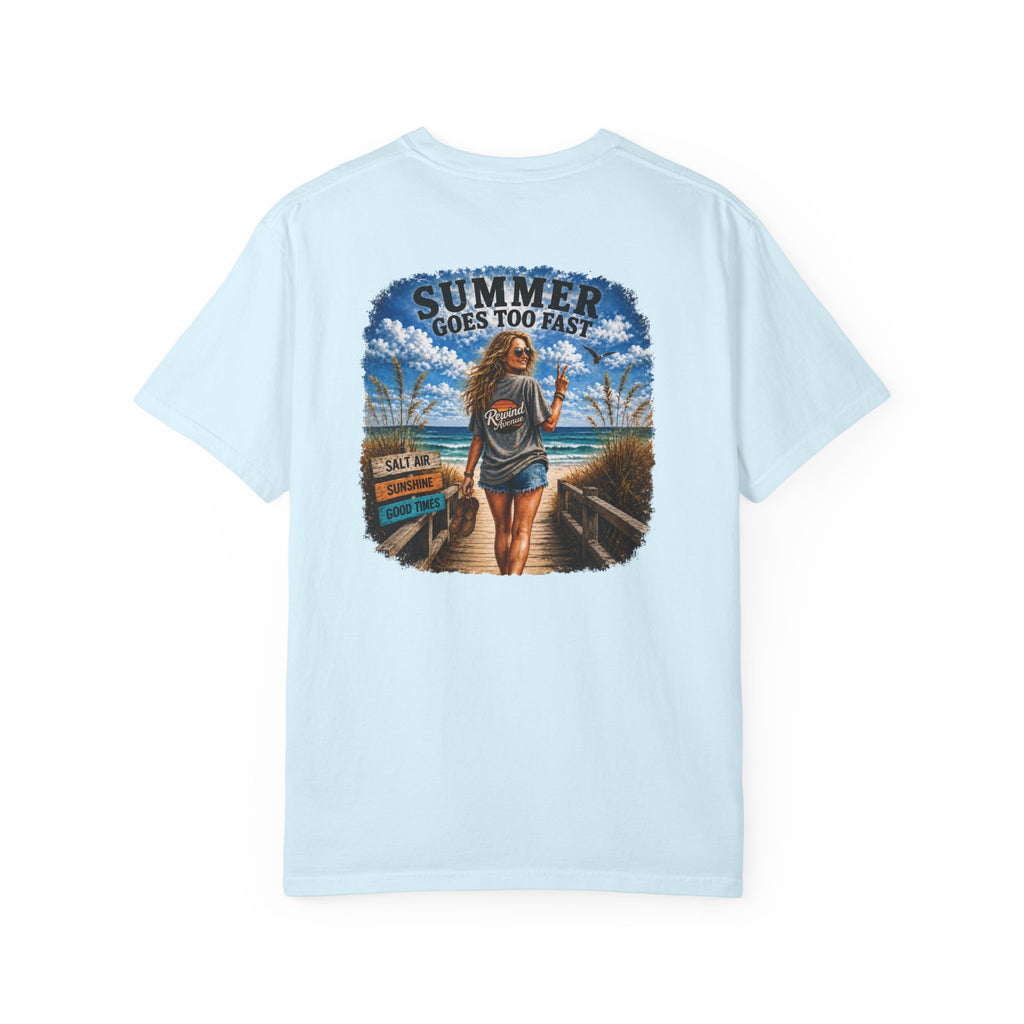 Summer Goes Too Fast T-Shirt | White Woman Beach Graphic Tee | Comfort Colors Summer Tee