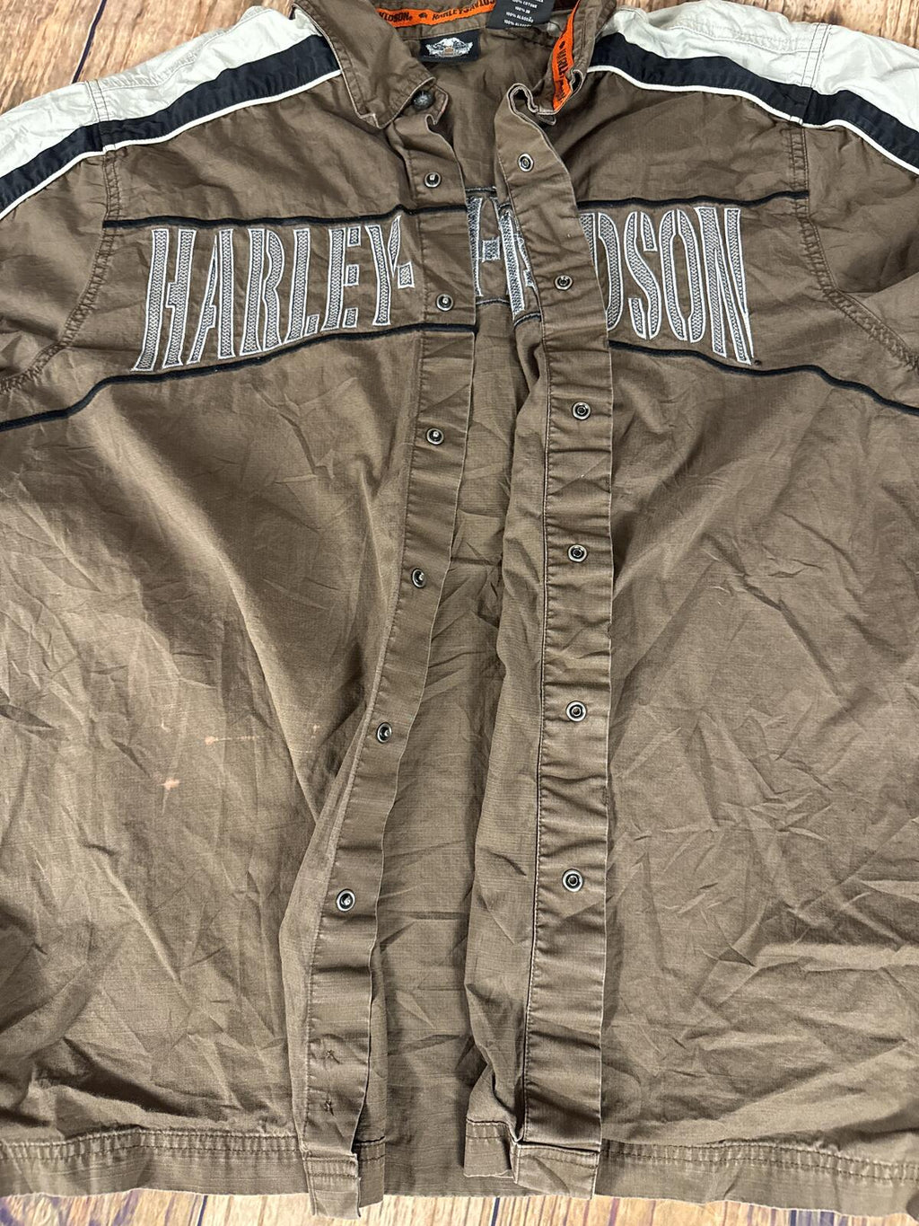 Harley-Davidson Men’s XL Button Up Shirt Brown Embroidered Y2K
