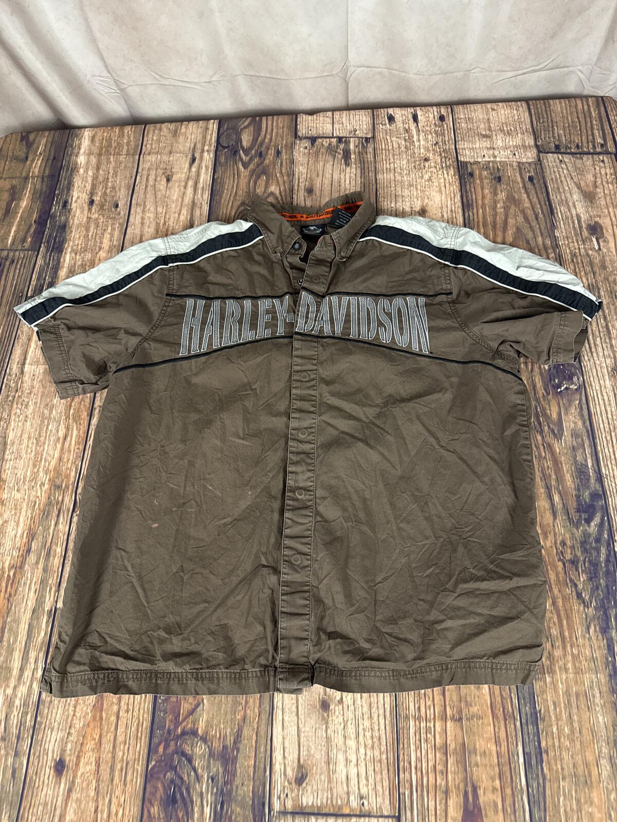 Harley-Davidson Men’s XL Button Up Shirt Brown Embroidered Y2K