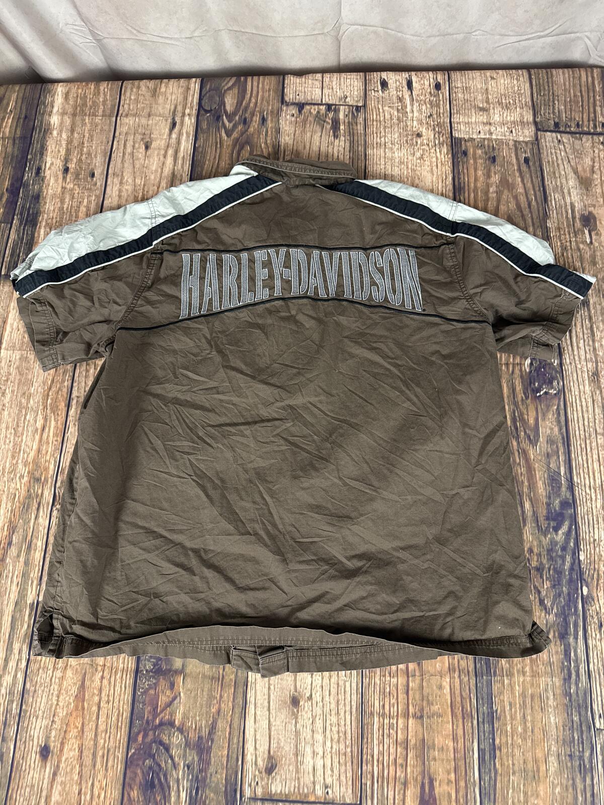 Harley-Davidson Men’s XL Button Up Shirt Brown Embroidered Y2K