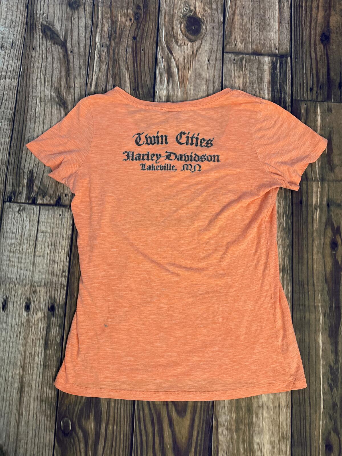 Harley Davidson Womens Medium Orange V Neck Graphic T Shirt Lakeville MN